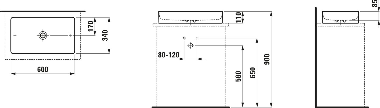 Laufen Waschtisch-Schale LIVING SQUARE 60 x 34 cm, weiß matt, rechteckig, ohne Überlauf/Hahnloch