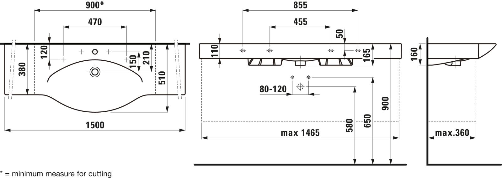 Laufen Waschtisch PALACE 150 x 51 cm, ungeschnitten, weiß, Überlauf, 1 Hahnloch