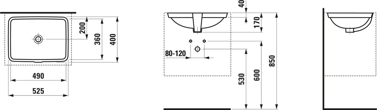 Laufen Unterbau-Waschtisch PRO S 49 x 36 cm innen, mit Überlauf ohne Hahnloch, weiß