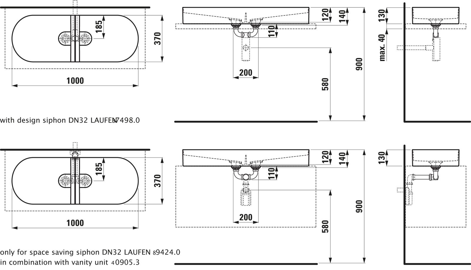 Laufen Doppelwaschtisch-Schale SONAR 100x37cm, ohne Hahnloch, ohne Überlauf, weiß matt