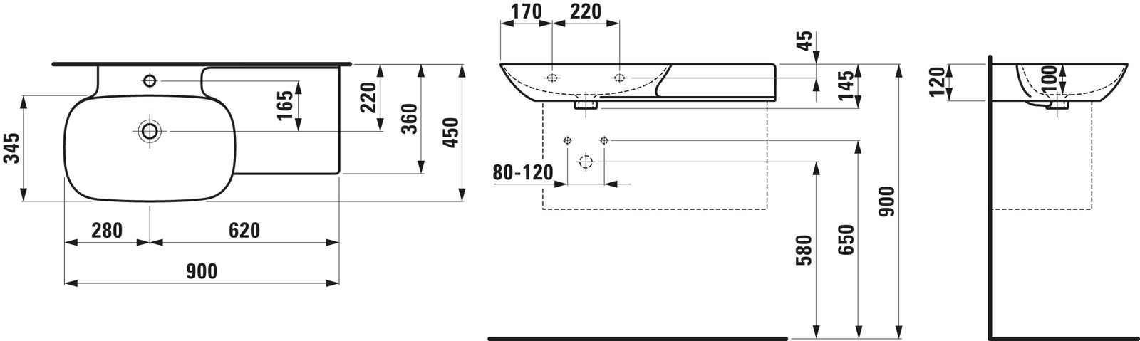 Laufen Waschtisch INO 90x45cm, angeformte Keramikablage rechts, weiß LCC, mit Hahnloch, ohne Überlauf