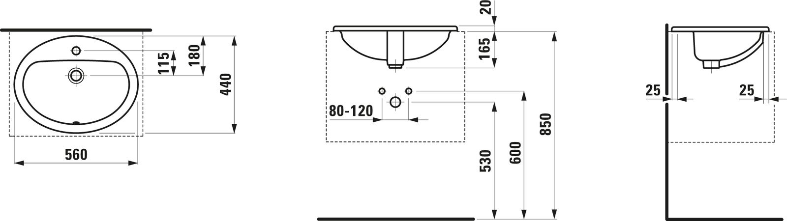 Laufen Einbau-Waschtisch PRO B 56 x 44 cm, Einbau von oben, Überlauf, 1 Hahnloch, weiß