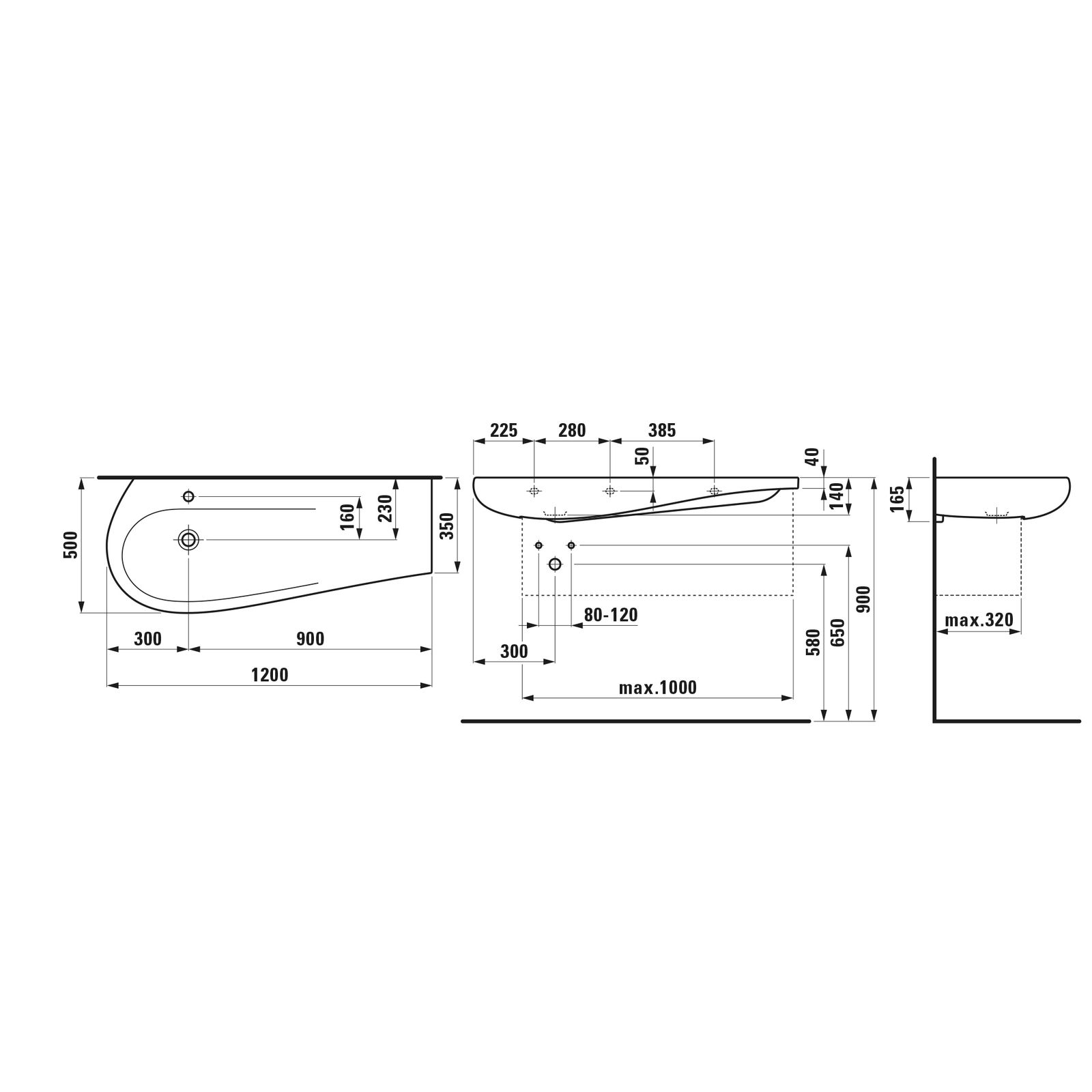 Laufen Waschtisch ALESSI ONE 120x50cm, unterbaufähig, Ablage rechts, weiß LCC, ohne Hahnloch
