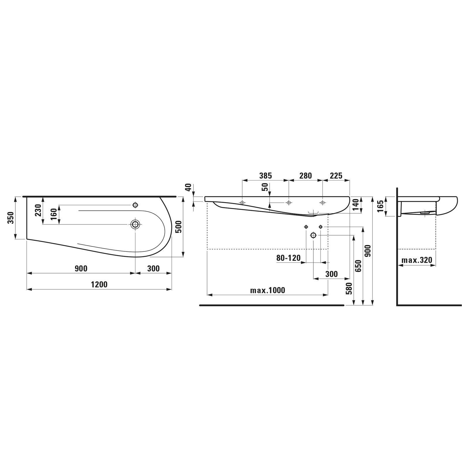 Laufen Waschtisch ALESSI ONE 120x50cm, unterbaufähig, Ablage links, 1 Hahnloch, weiß LCC