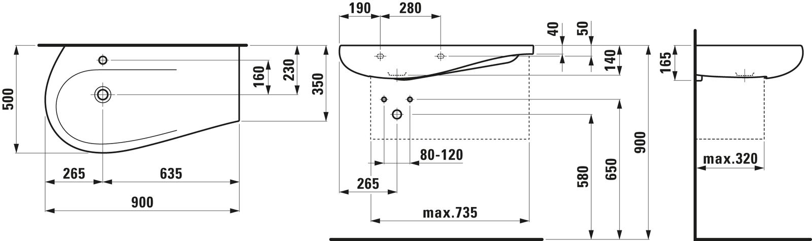 Laufen Waschtisch ALESSI ONE 90x50cm, unterbaufähig, Ablage rechts, ohne Hahnloch, weiß LCC