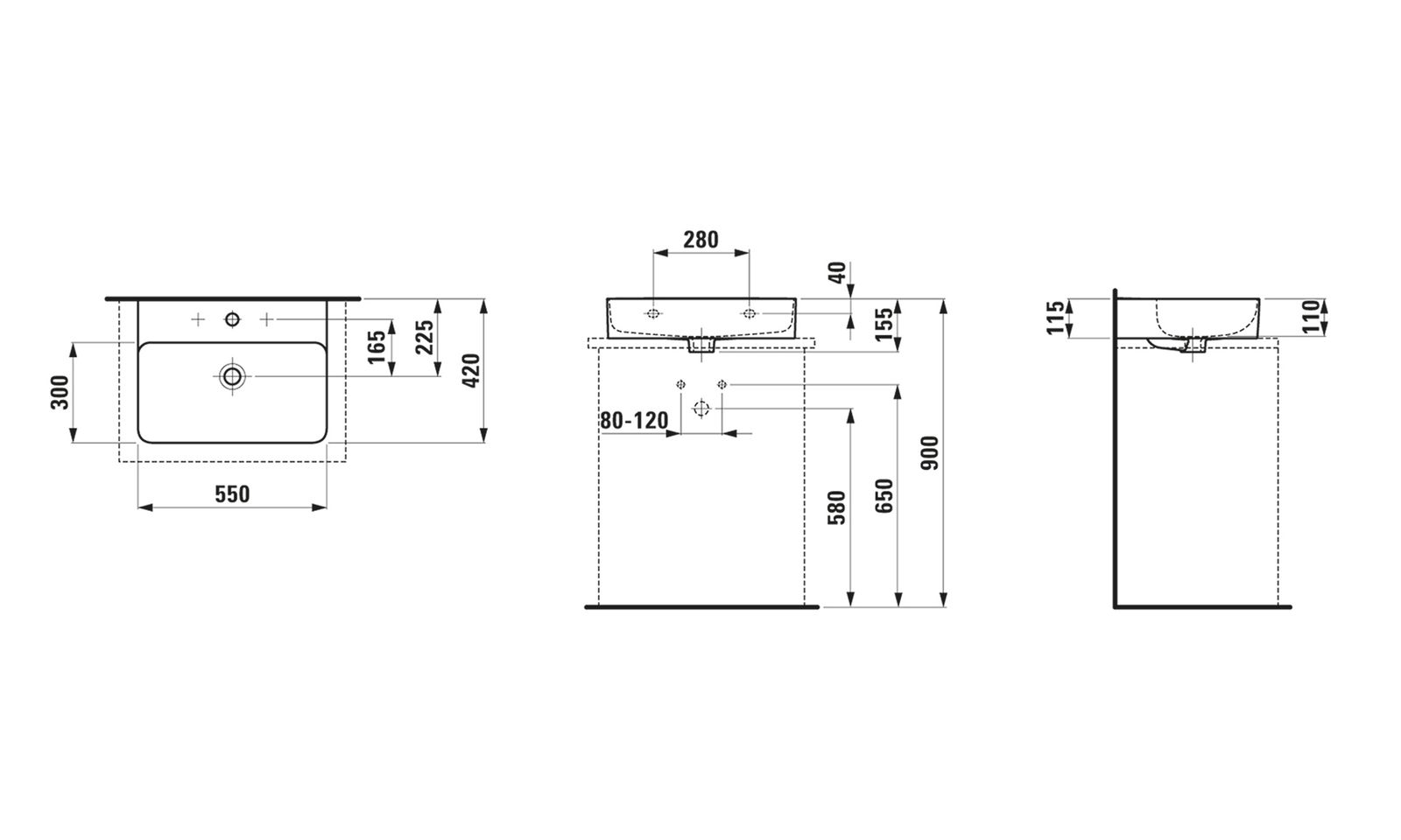 Laufen Aufsatz-Waschtisch VAL 55x42cm, wandmontiert, ohne Überlauf, mit 1 Hahnloch, weiß