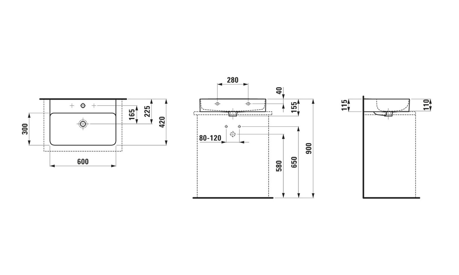 Laufen Aufsatz-Waschtisch VAL 60x42cm, wandmontiert, ohne Überlauf, ohne Hahnloch, weiß LCC
