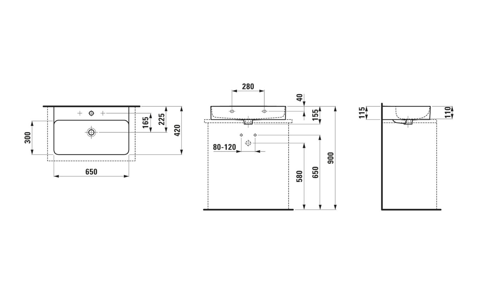 Laufen Aufsatz-Waschtisch VAL 65x42cm, wandmontiert, mit Überlauf, mit 3 Hahnloch, weiß LCC