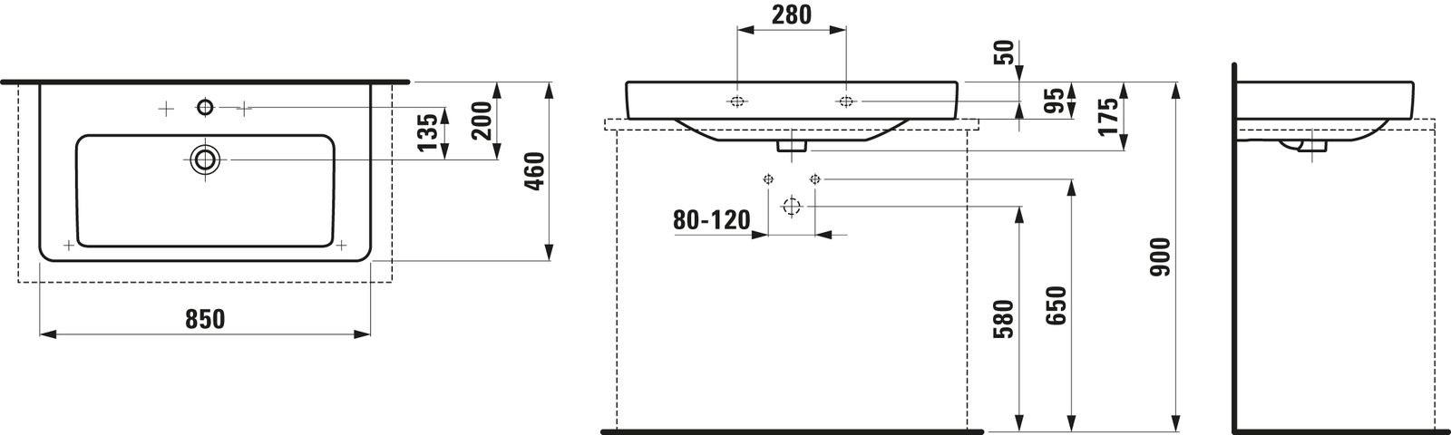 Laufen Aufsatz-Waschtisch PRO S 85x46,5cm, wandmontiert, mit Überlauf, ohne Hahnloch, weiß LCC Active