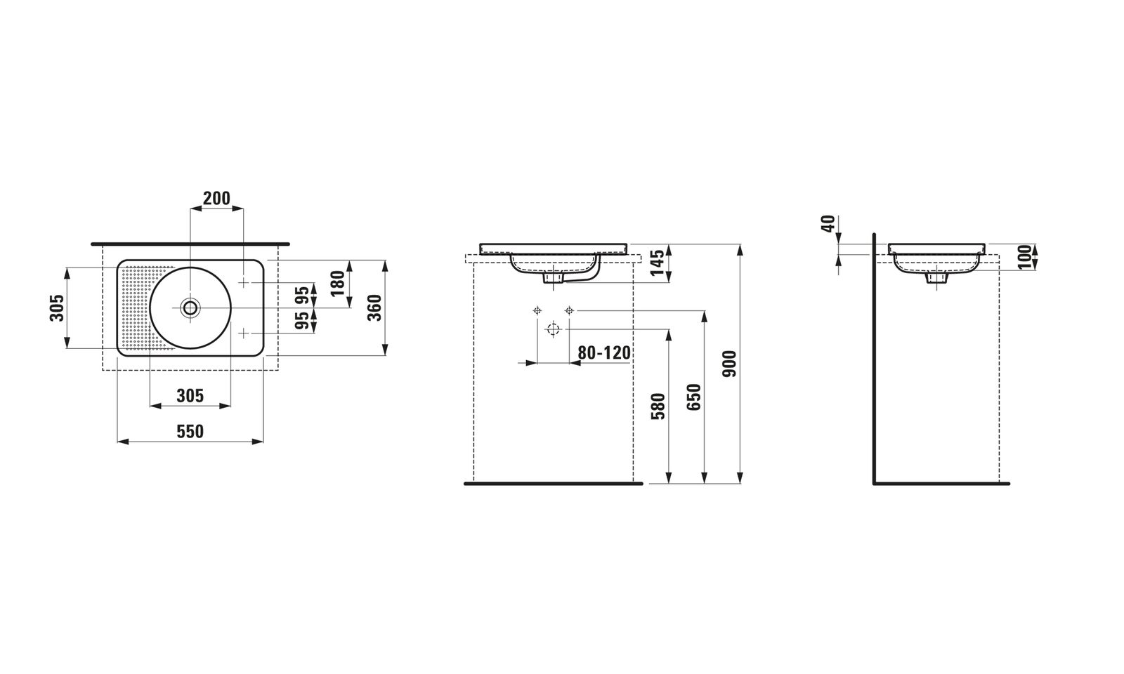 Laufen Einbauwaschtisch VAL 55x36cm, von oben, ohne Überlauf, Hahnloch links, weiß