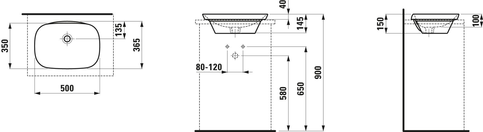 Laufen Einbauwaschtisch INO 50x36,5cm, von oben, weiß LCC, ohne Hahnloch, mit Überlauf