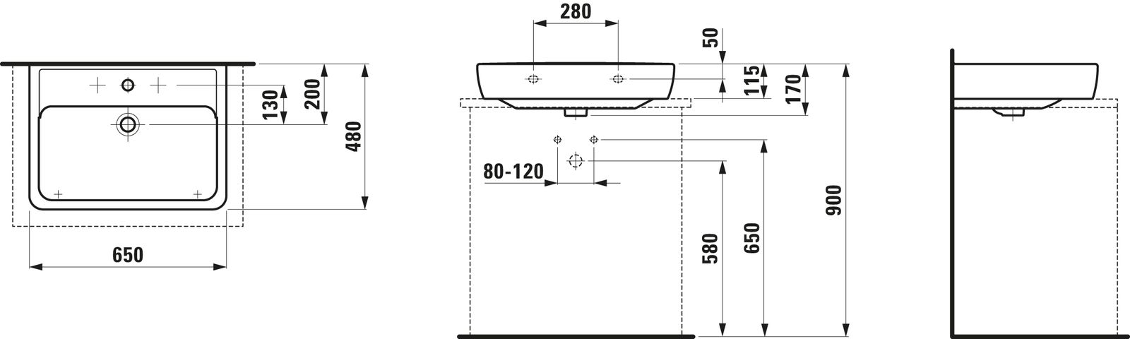 Laufen Waschtisch PRO A 65 x 48 cm, Unterseite geschliffen, Überlauf, 1 Hahnloch, weiß