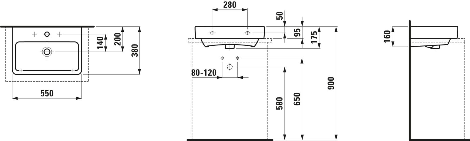 Laufen Waschtisch PRO S COMPACT 55x38cm, Unterseite geschliffen, weiß LCC, mit Überlauf, 1 Hahnloch