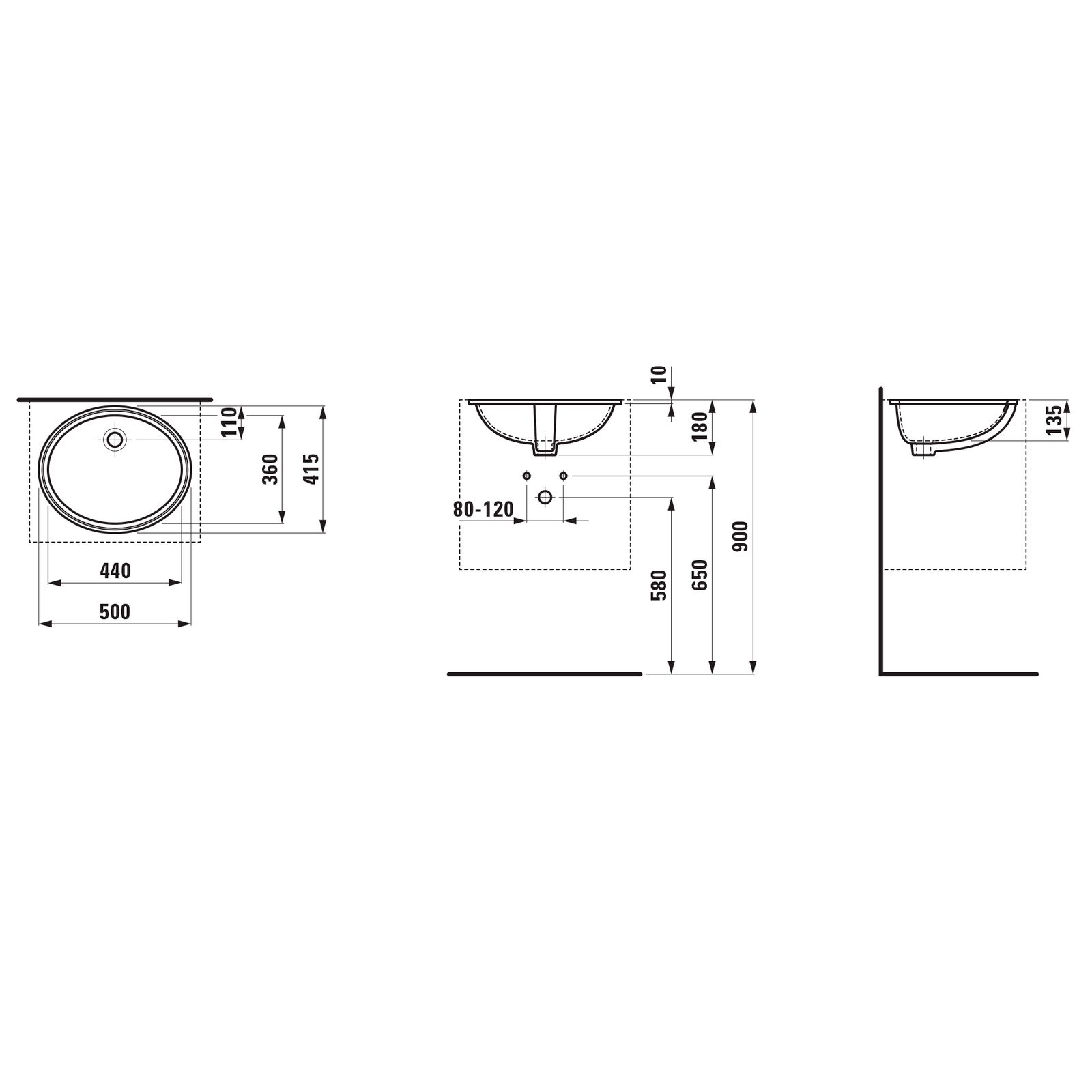 Laufen Einbauwaschtisch SAVOY 44,6x36,2cm, Einbau von unten, oval, mit Überlauf, Unterseite glasiert, weiß matt