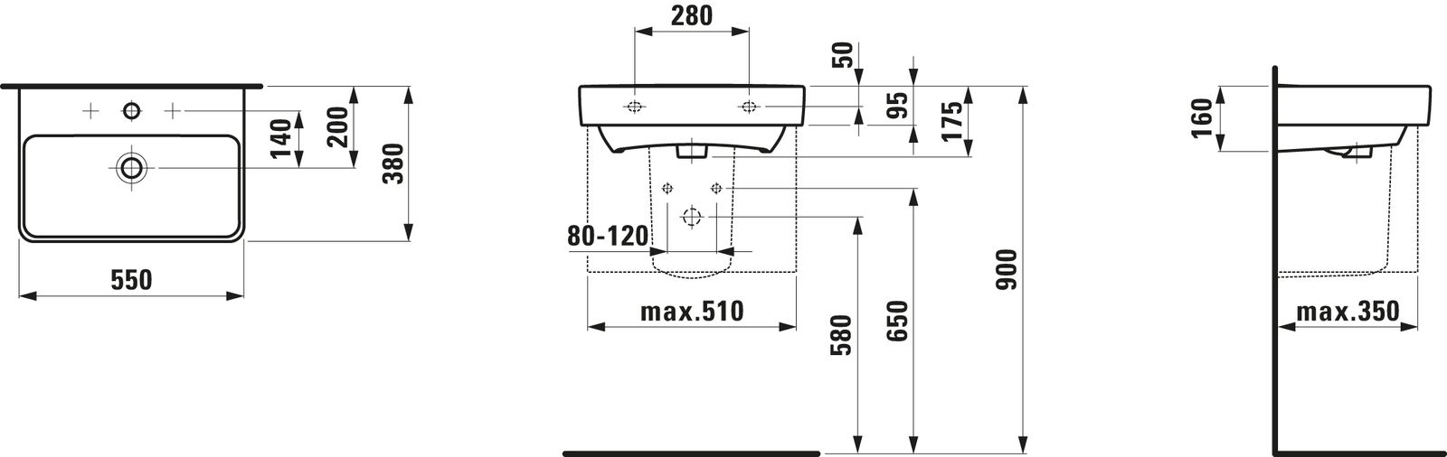 Laufen Waschtisch PRO S COMPACT 55 x 38 cm, unterbaufähig, weiß LCC, Überlauf, ohne Hahnlöcher