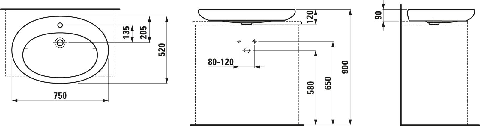 Laufen Waschtischschale ALESSI ONE 75 x 52 cm, unterbaufähig, weiß LCC, 1 Hahnloch