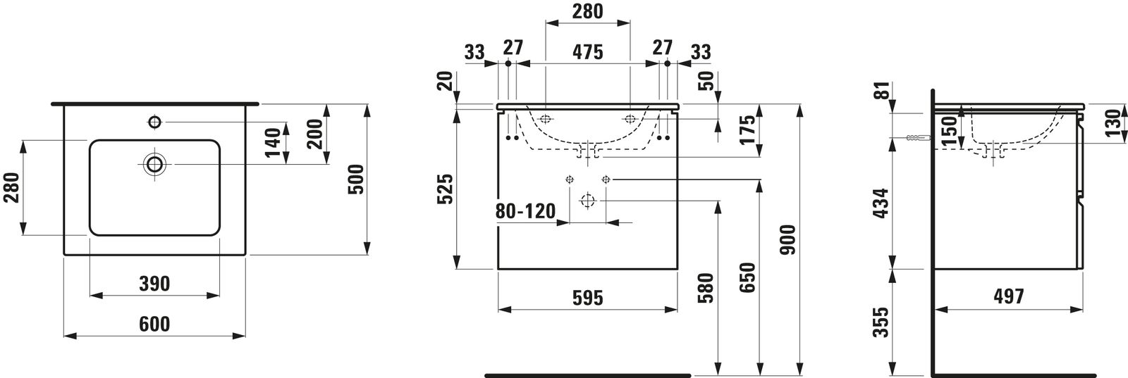 Laufen Waschtisch-Set PRO S 2 Schubladen, weiß, 60 x 50 cm, Graphit