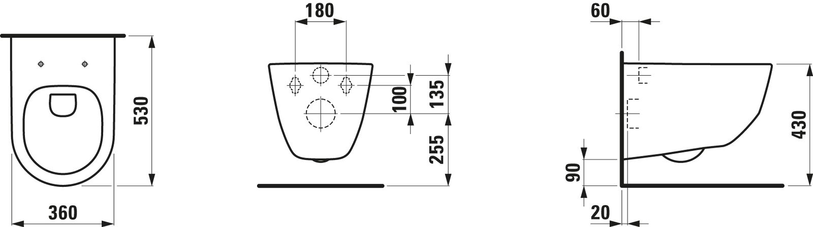 Laufen Pack-Wand-Tiefspül-WC PRO 36x53cm, spülrandlos, mit verdeckter Befestigung, weiß