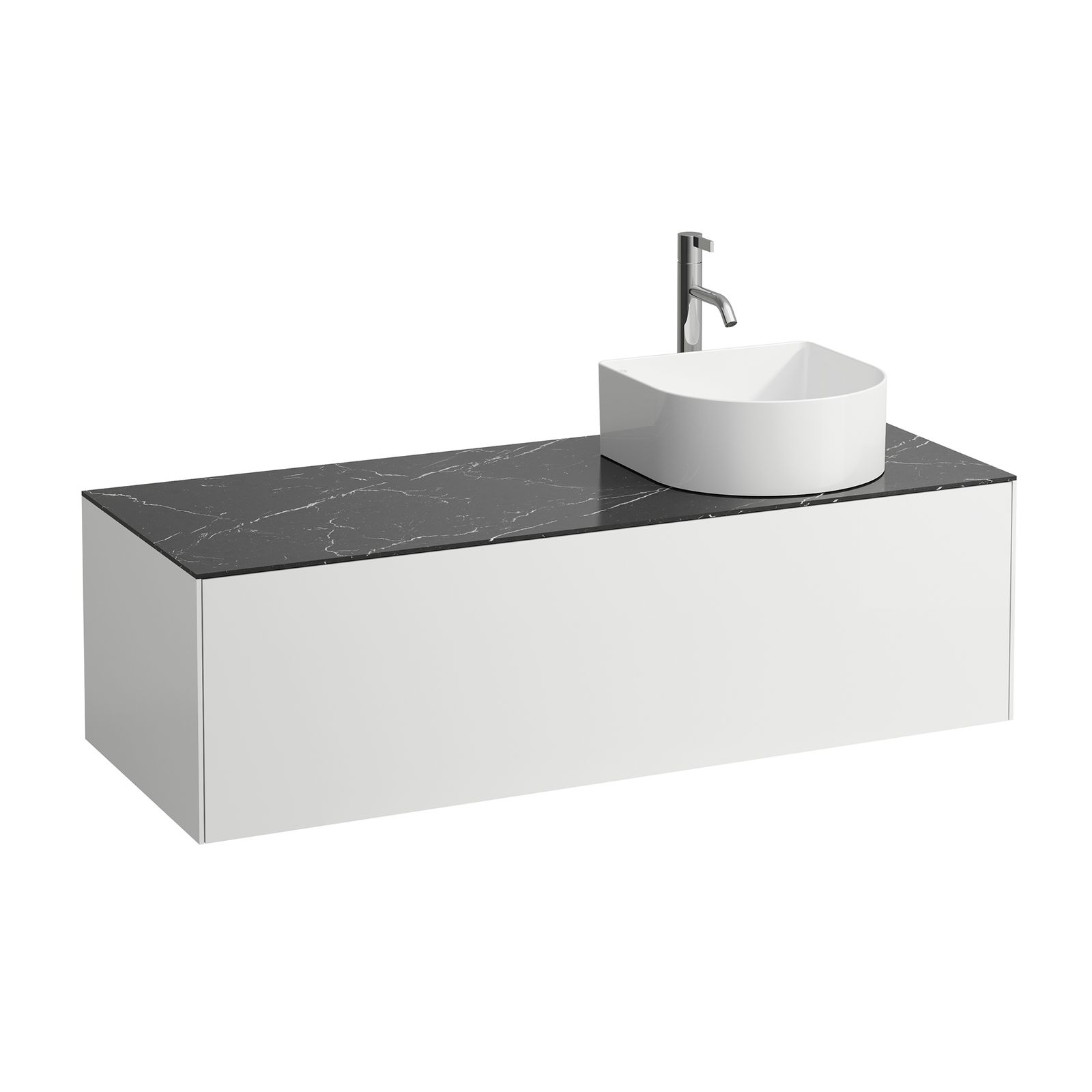 Laufen Schubladenelement/Sideboard SONAR 117,5x34x45,5cm, Ausschnitt rechts, mit Hahnloch, Weiß matt/Nero Marquina