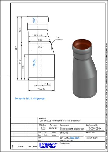 LORO X Übergangsrohr DN 70/100, exzentrische Reduzierstücke, Form 1
