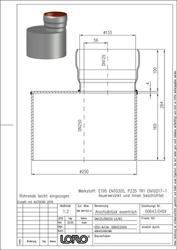 LORO X Anschlussstück DN 125 an KA-Muffe DN 250, exzentrisch Form 2