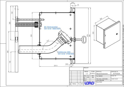 LORO X Wandeinbaukasten DN 50, mit Füllstutzen 2x2 1/2" und messing Füllrohrverschluss