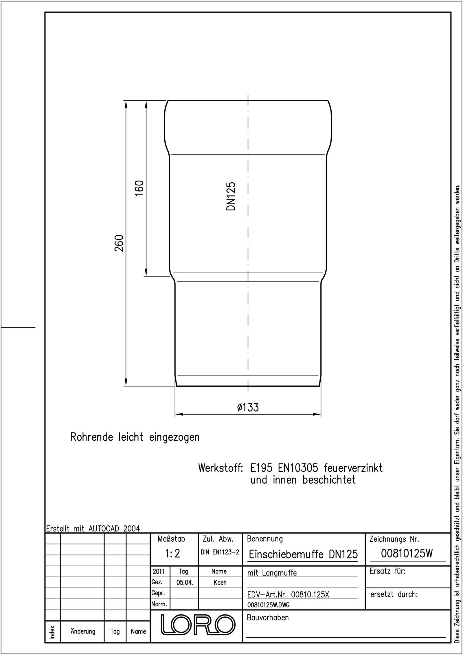 LORO X Einschiebmuffe DN 125, mit Langmuffe