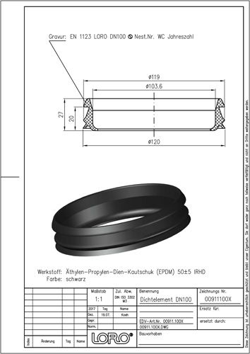 LORO Dichtelement NBR DN 100, aus Elastomer, ölbeständig