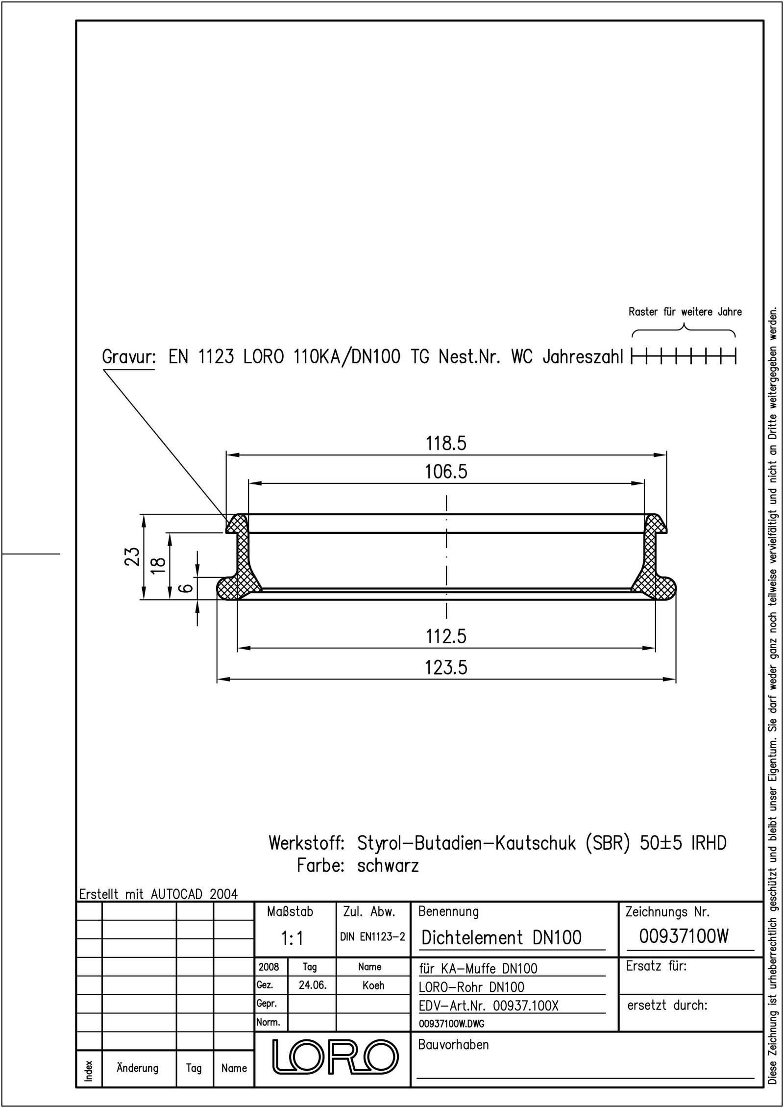 LORO X Dichtelement DN 100, LX-Rohr für KA-Muffe