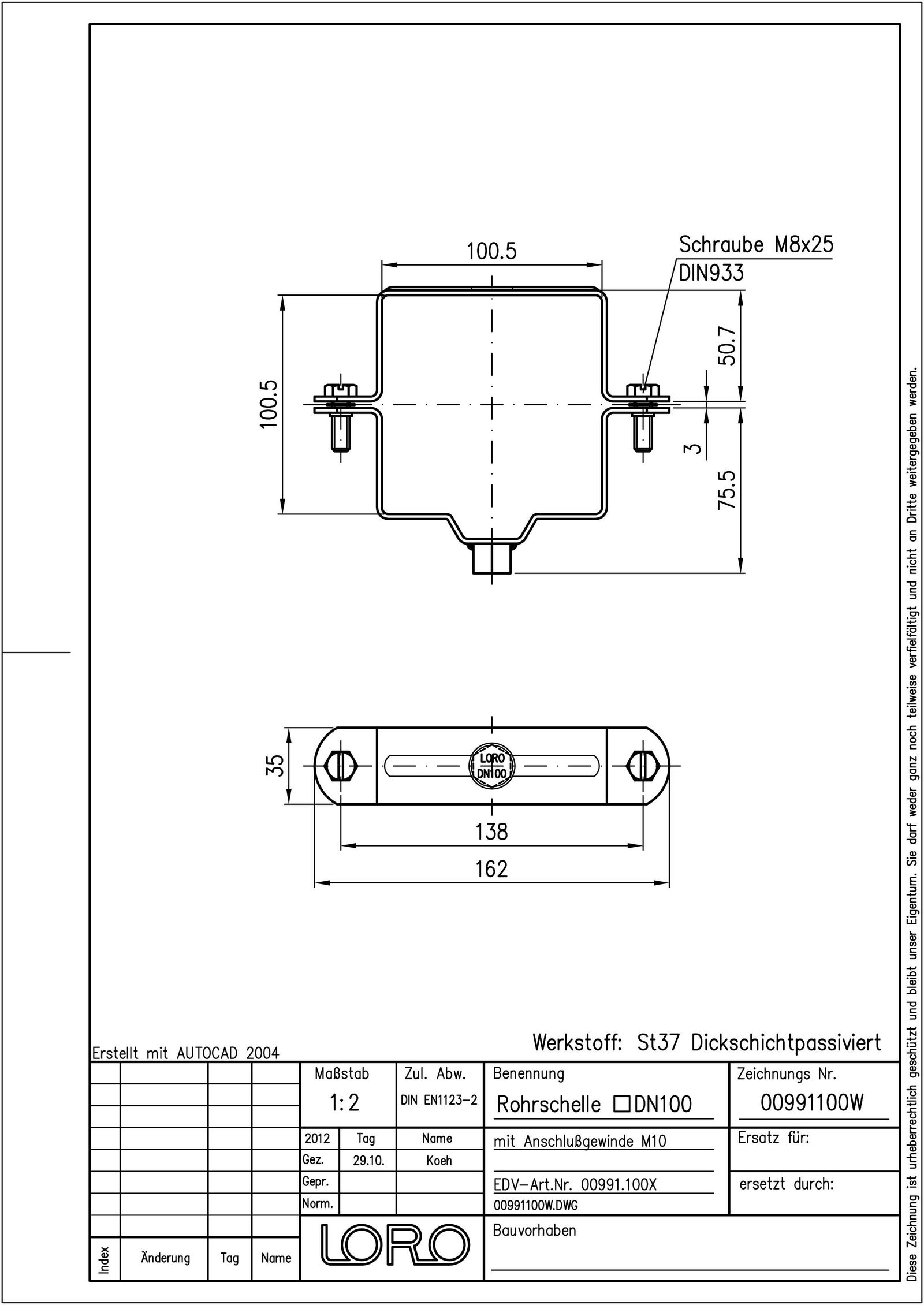 LORO X Rohrschelle DN 100, M 10, mit Anschlussmuffe, quadratisch, verzinkt