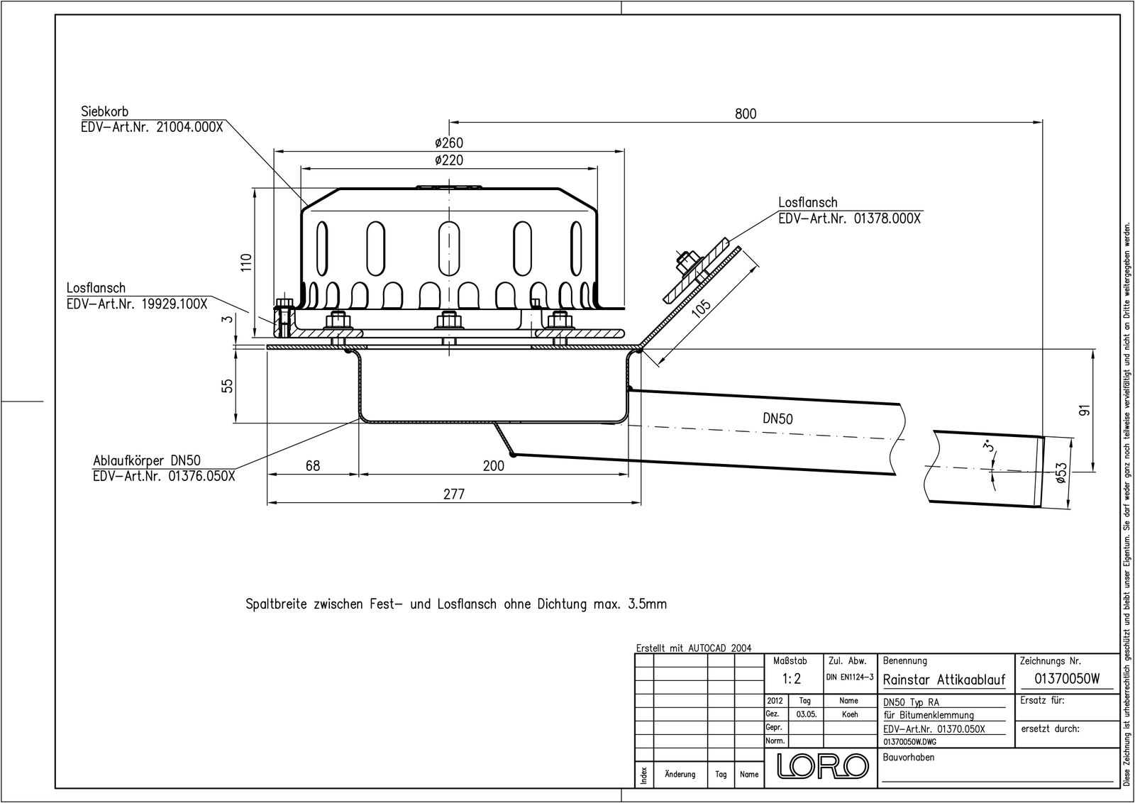LORO Attika Ablauf Rainstar Serie 79 (RA) Klemmflansch 45°, für Bitumen-Dachabdichtungsbahnen, DN 50, Hauptentwässerung