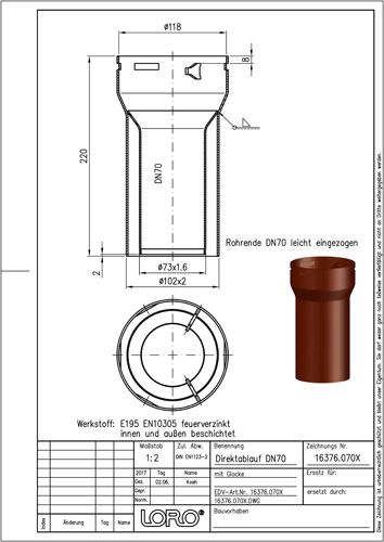 LORO Balkondirektablauf Serie I DN 70, 220 mm, Auslauf senkrecht, mit Glocke