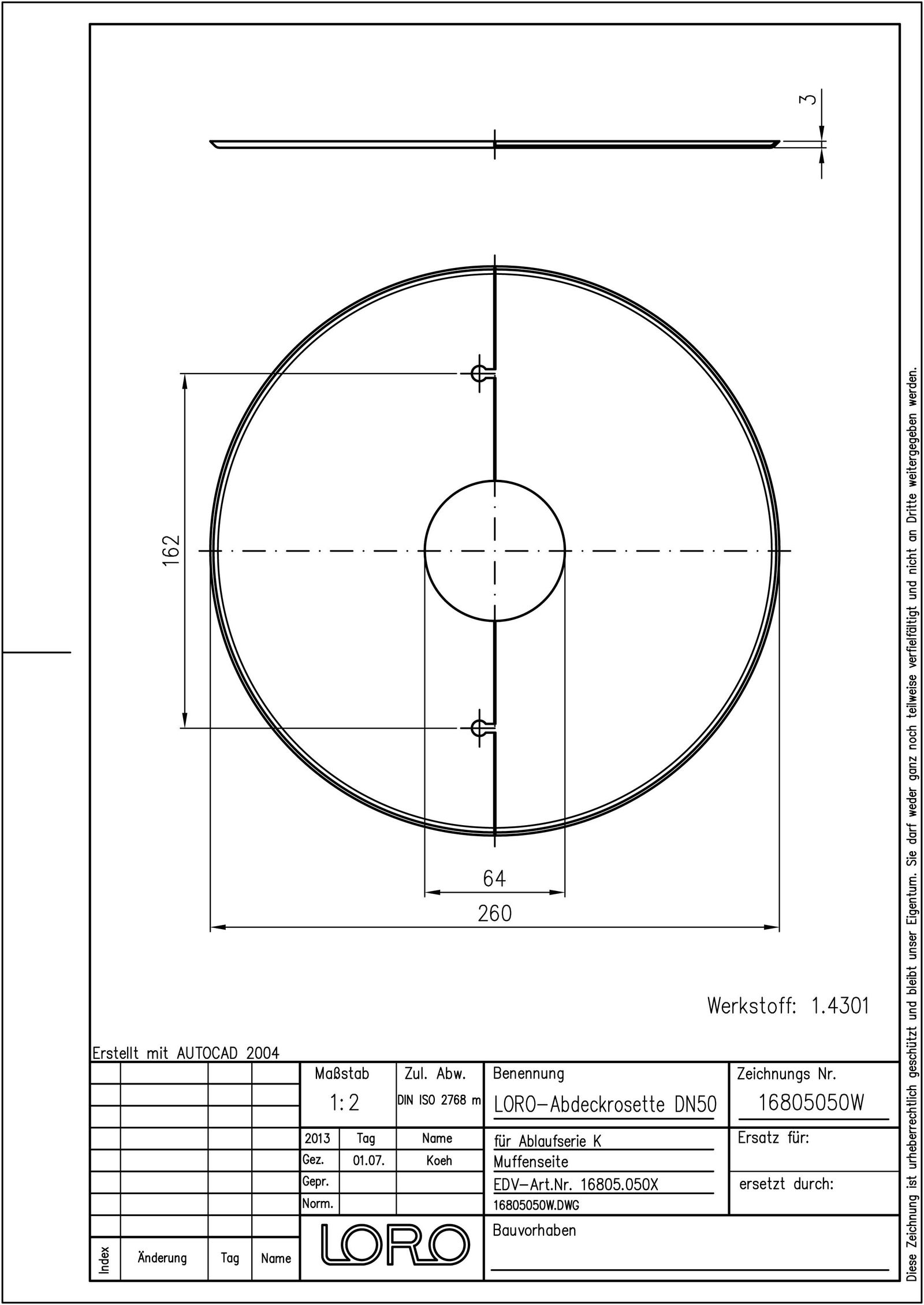 LORO X Abdeckrosette DN 50, passend für Muffen, Edelstahl