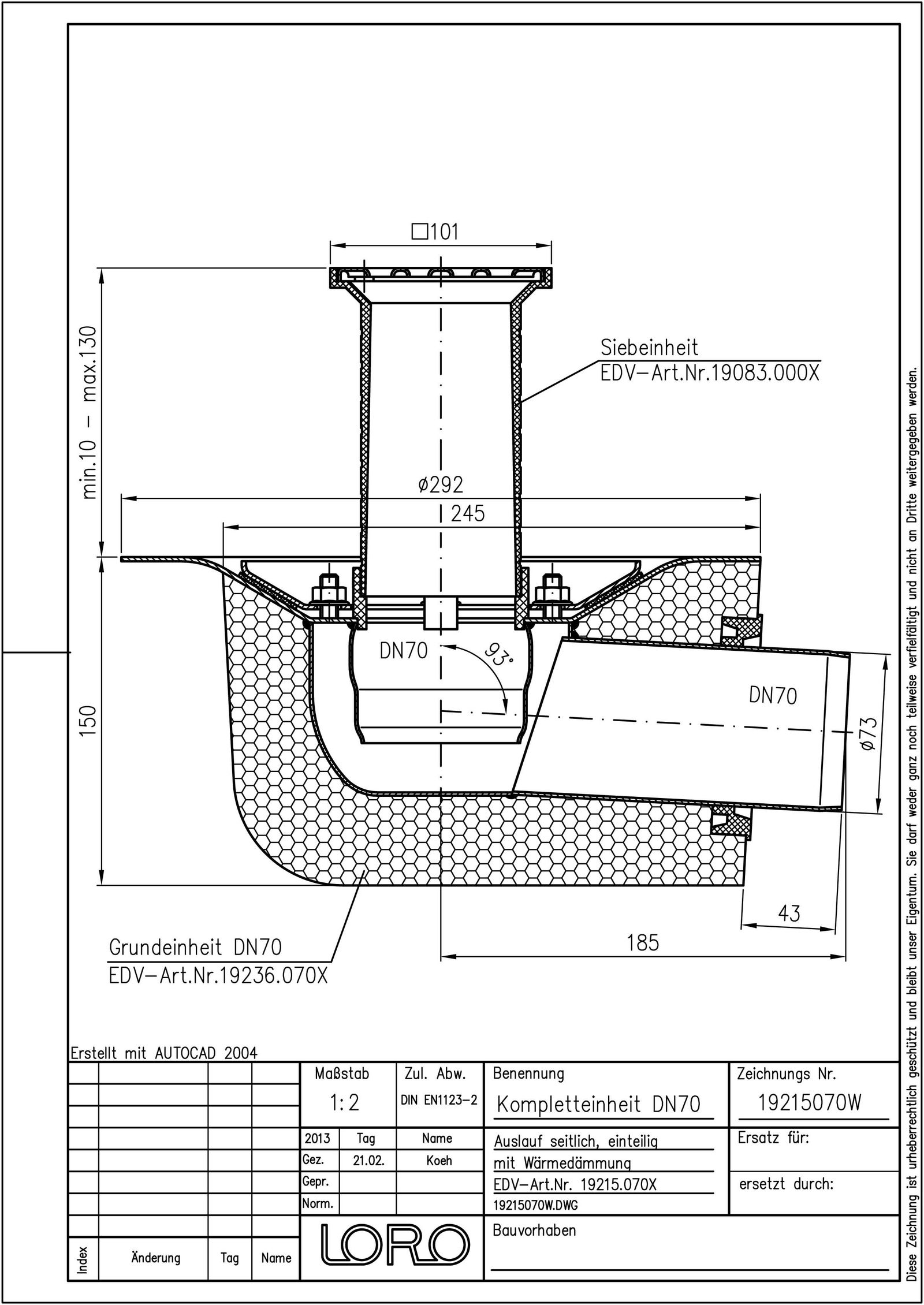 LORO Versal Komplett-Balkonablauf Serie K DN 70, Auslauf seitlich 3°, Klemmflansch, mit Wärmedämmung, einteilig, Edelstahl