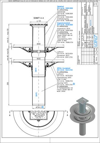 LORO Versal Komplett-Balkonablauf Serie K DN 70, Auslauf senkrecht, Klemmflansch, ohne Wärmedämmung, zweiteilig, Edelstahl