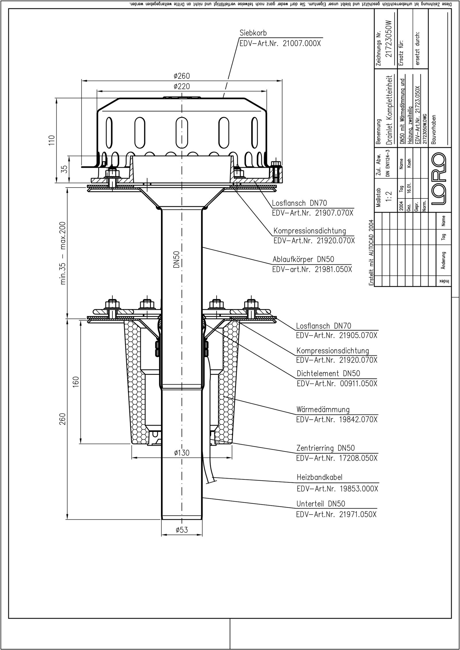LORO DRAINLET Komplett-Flachdachablauf Serie 84 DN 50, Wärmedämmung und Heizung, Klemmflansch, Auslauf senkrecht, zweiteilig, Notablauf
