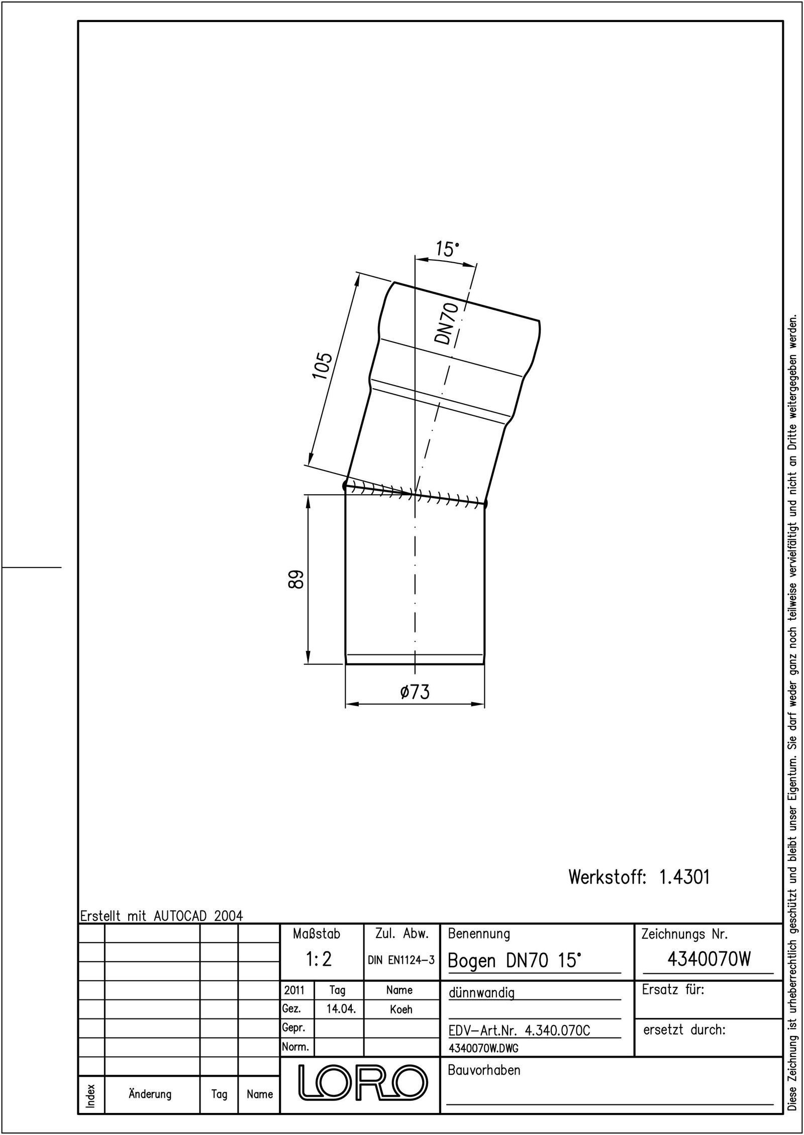 LORO XCL Bogen DN 70, 15°, Werkstoff 1.4301