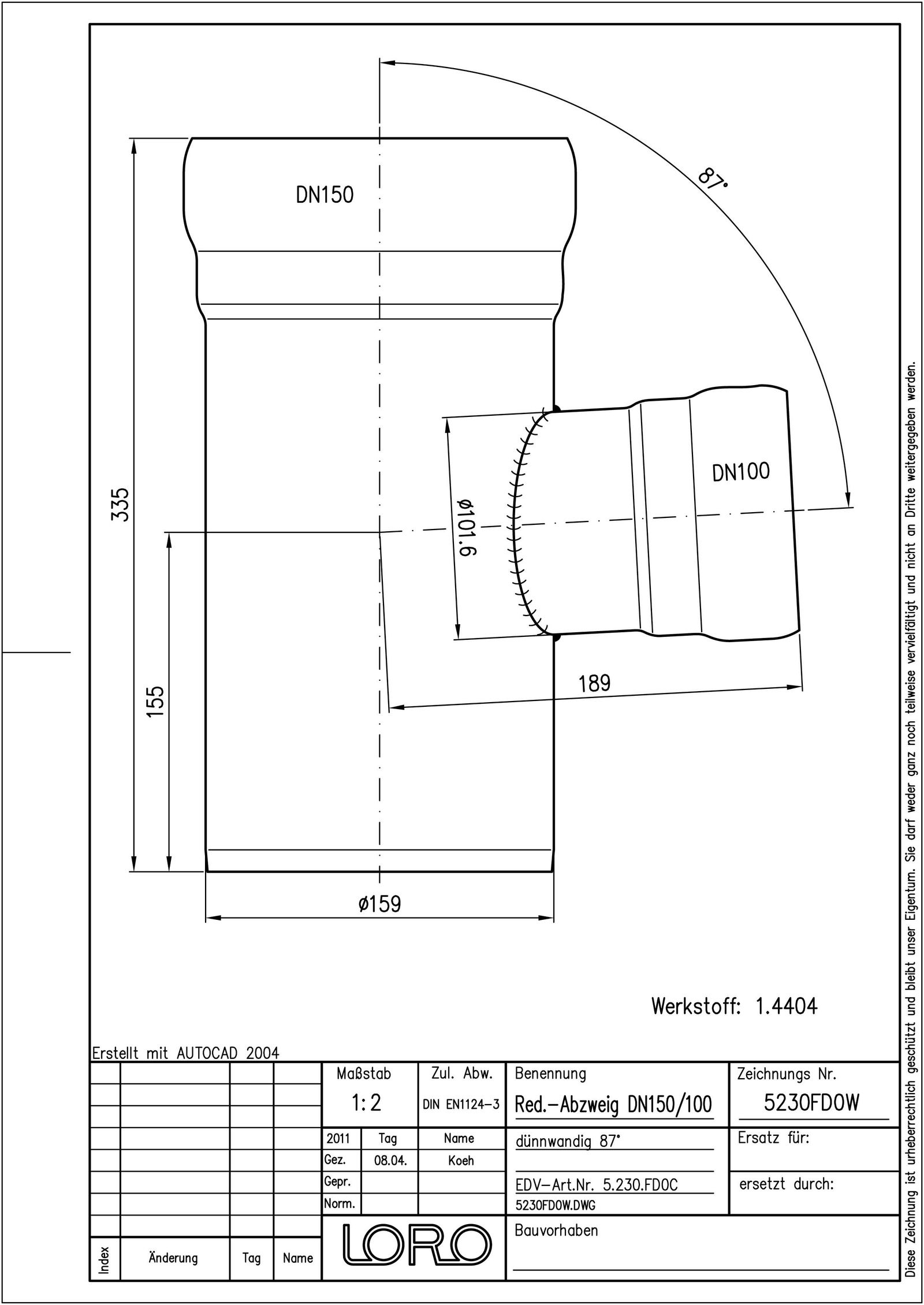 LORO XCL Reduzier-Abzweig DN 150/100, 87°, Werkstoff 1.4404