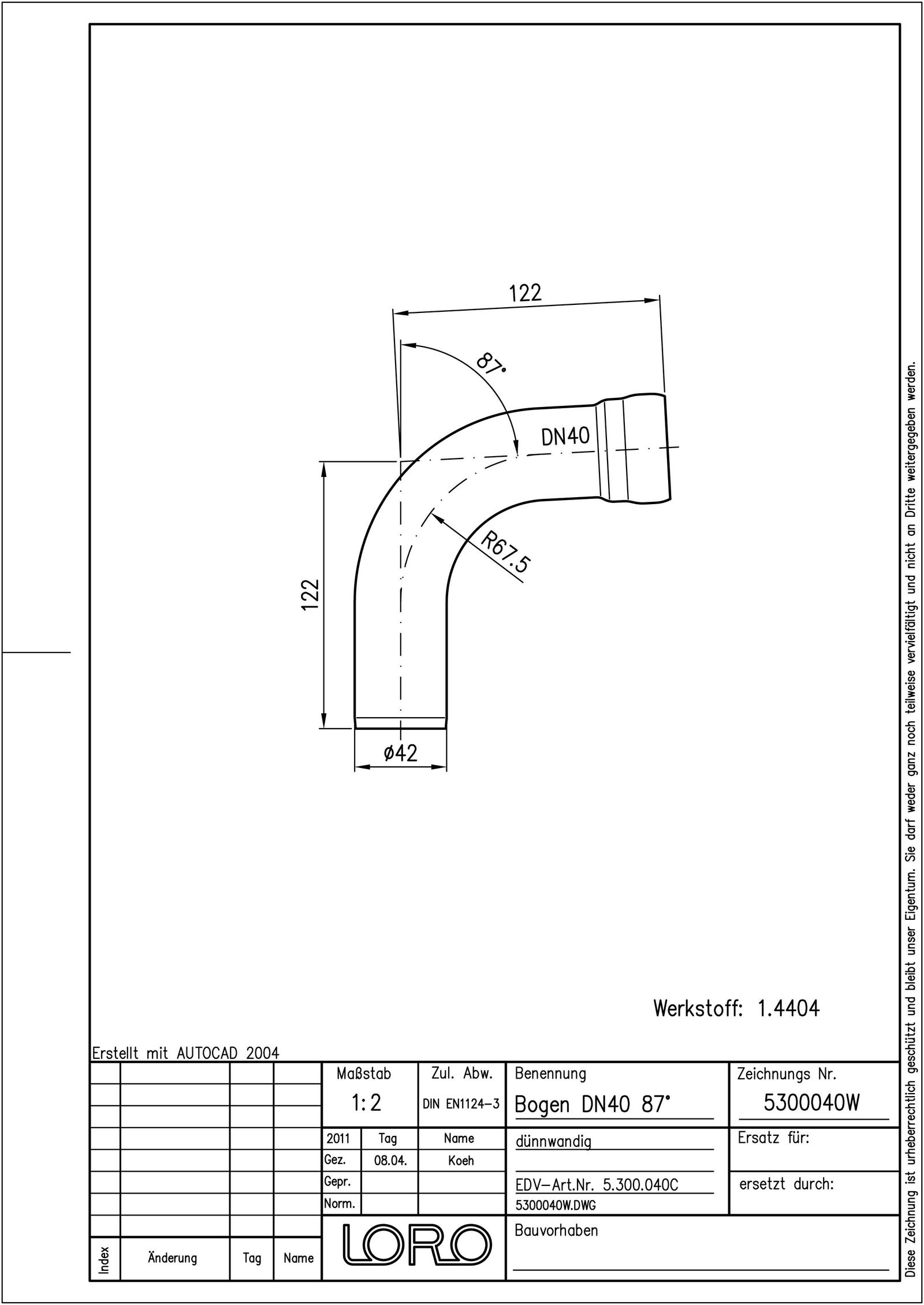 LORO XCL Bogen DN 40, 87°, Werkstoff 1.4404