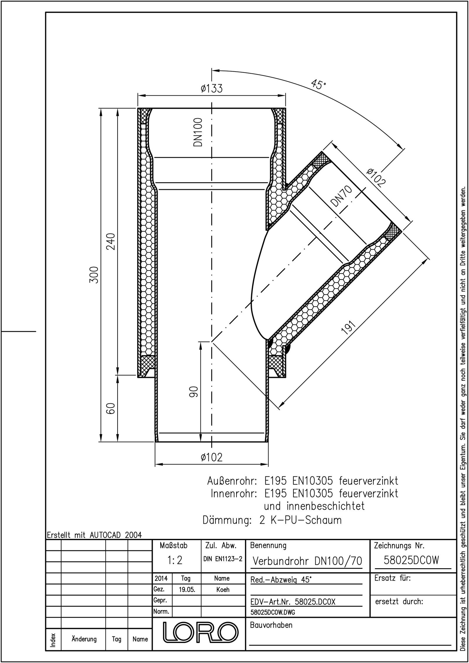 LORO Verbundrohr-Reduzier-Abzweig DN 100/70, 45°