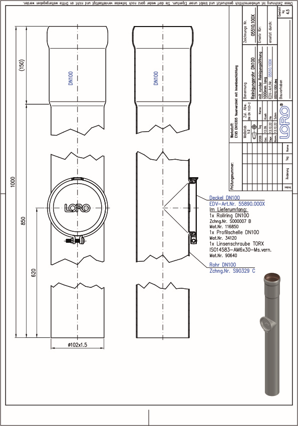 LORO X Regenstandrohr DN 100, 1000 mm, mit Reinigungsöffnung, rund, Stahl