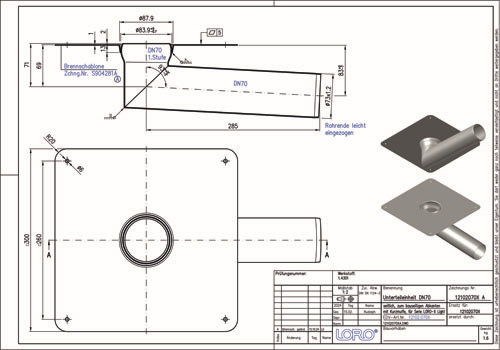 LORO Flachdachablauf Untereinheit X-Light ohne Wärmedämmung, Edelstahl, Auslauf seitlich 3°, DN 70