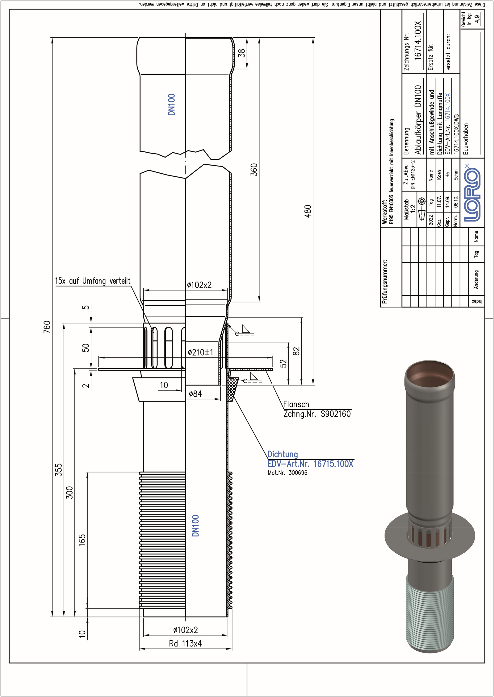 LORO Ablaufkörper DN 100, Deckenstärken 150 - 250 mm, untere Balkone