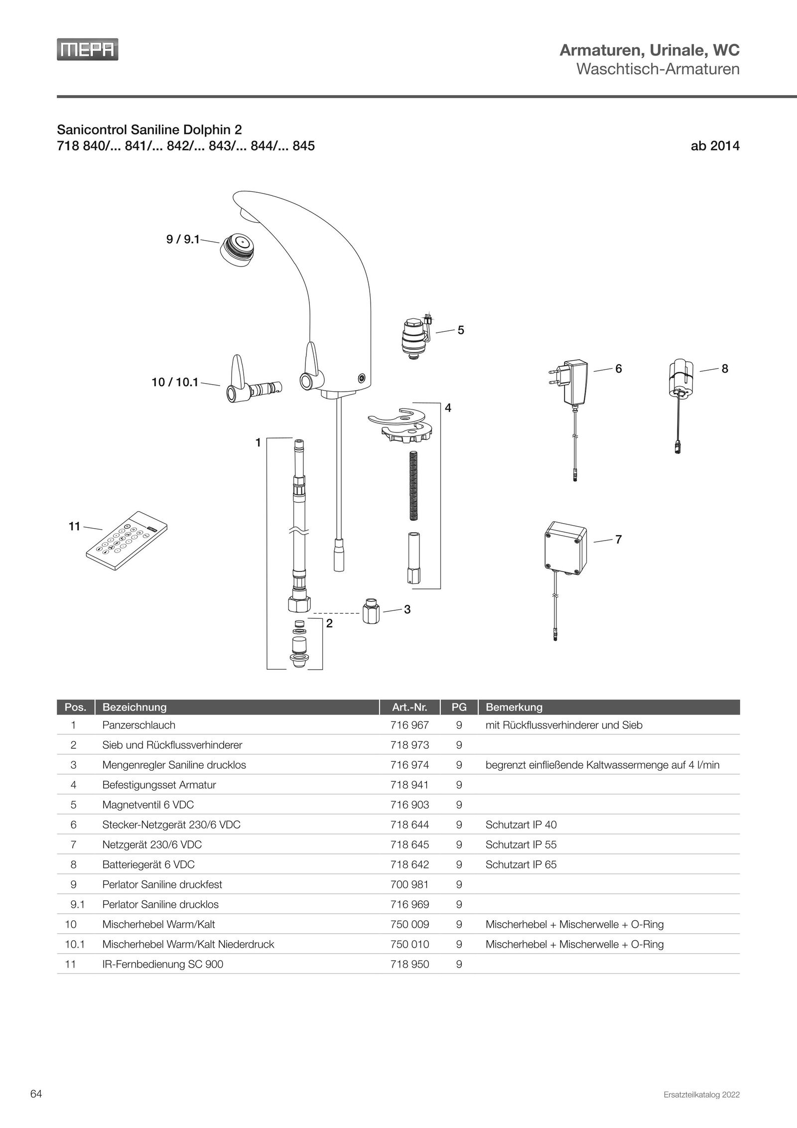 MEPA Waschtischarmatur Sanicontrol Saniline Dolphin 2 Batteriebetrieb 6 V, IP 65, für vorgemischtes Wasser