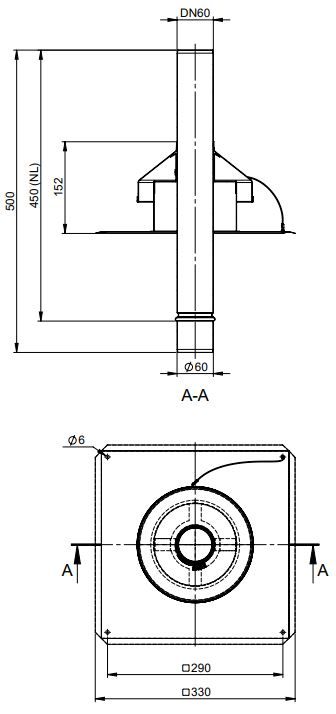 MHG Kaminkopfabdeckung Atec DN 60, 330 x 330 x 450 mm, starr, Edelstahl
