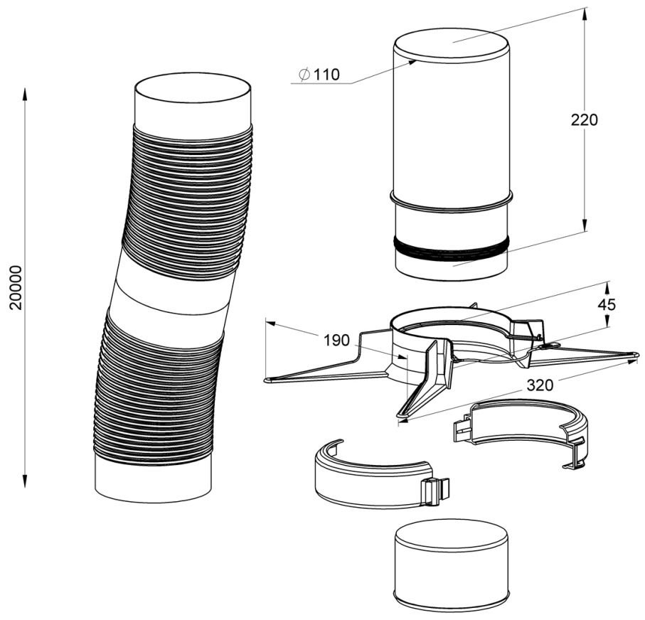 MHG Schacht-Rohr Atec DN 110, 20 m, flexibel, mit Montageset, für Abgasleitung