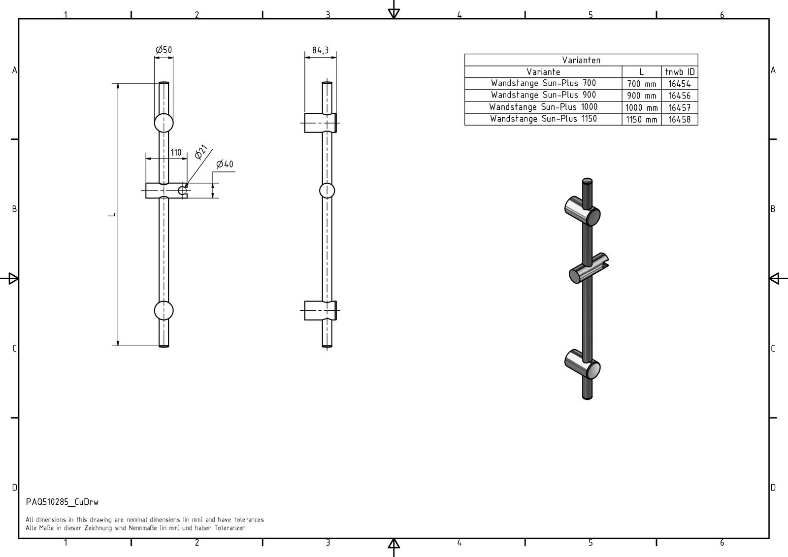 nie wieder bohren Wandstange Sun-Plus 700 mm, d&#x3D; 25mm, Tiefe 85mm