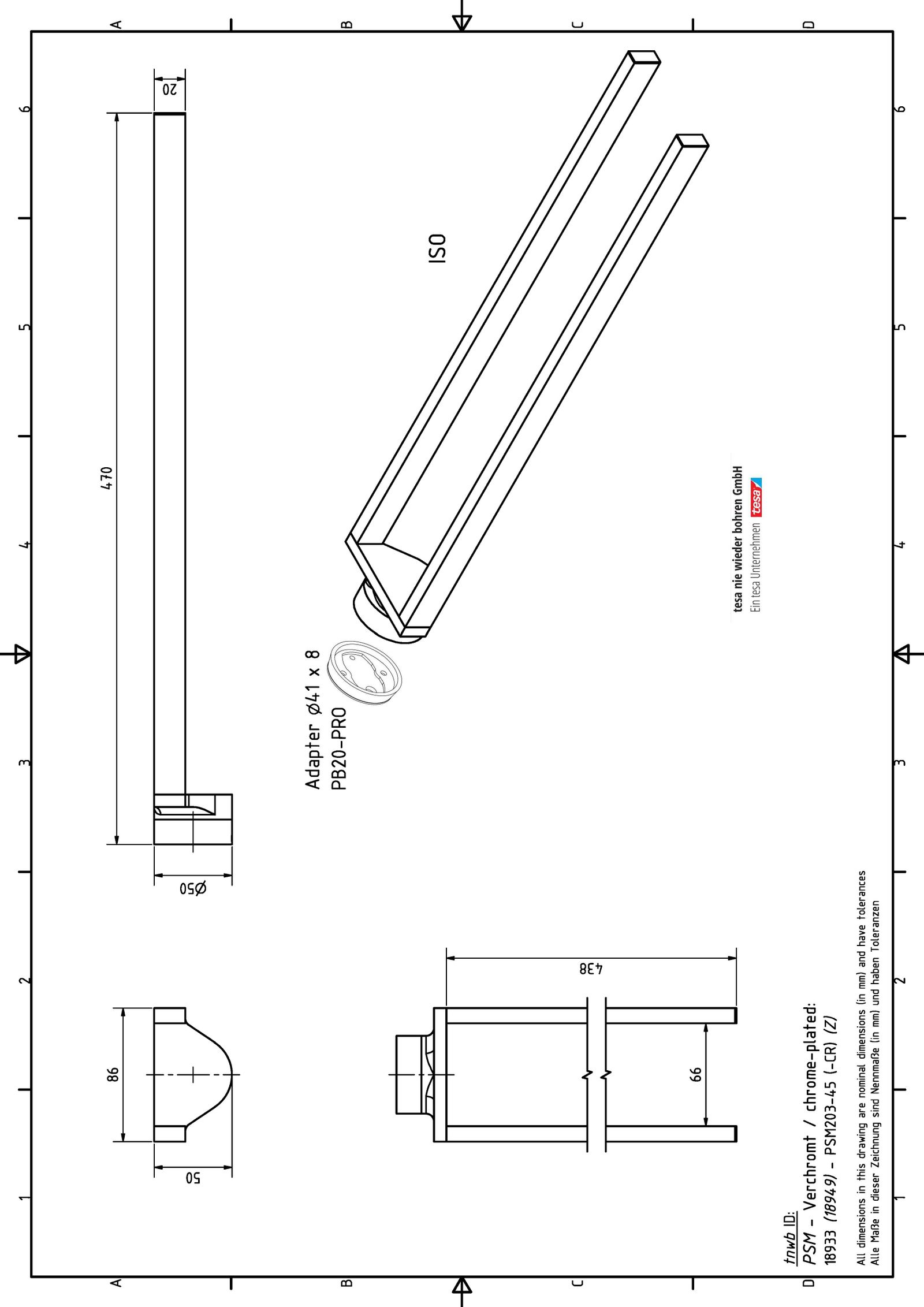 nie wieder bohren Handtuchhalter Plan Smart 86 x 50 x 470 mm, zweiarmig, starr, Zinkdruckguss, Edelstahl, hochglanzverchromt
