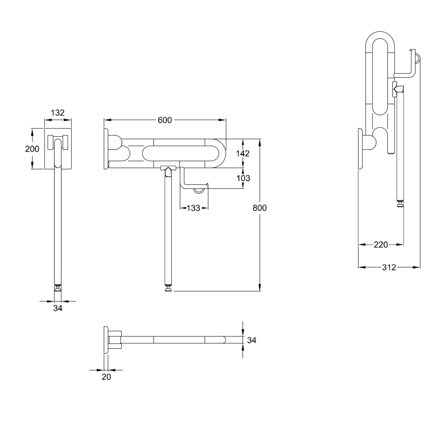Normbau Stützklappgriff Nylon Care 800mm, 600 mm, Bodenstütze, Papierrollenhalter, verkehrsgrau