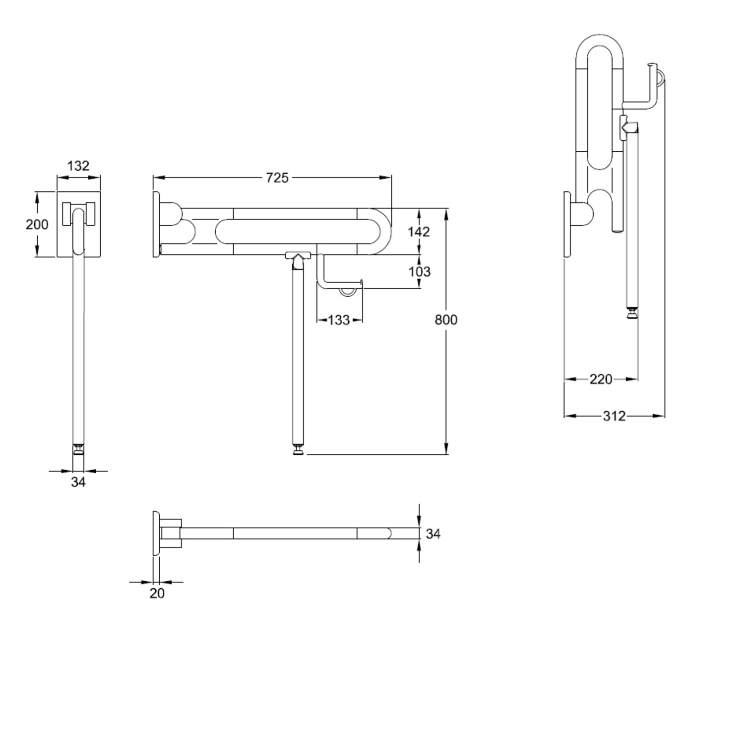 Normbau Stützklappgriff Nylon Care 800mm, 725 mm, Bodenstütze, Papierrollenhalter, schwarz
